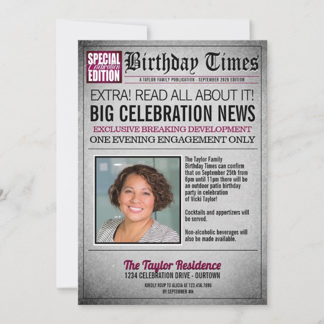 Invitación de Cumpleaños de Periódico de Primera P (Anverso)