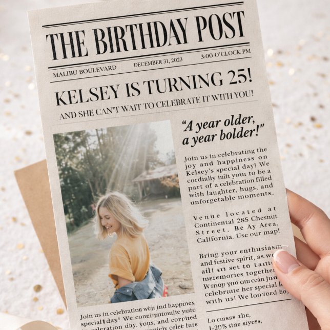 Invitación de cumpleaños de periódico editable | V (Subido por el creador)