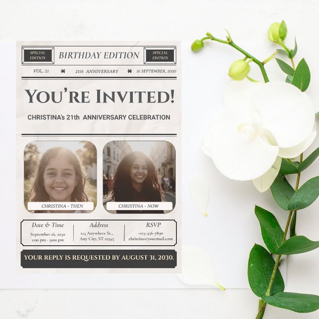 Invitación de cumpleaños de periódico moderno con  (Subido por el creador)