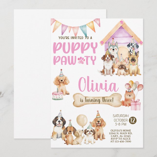 Invitación de cumpleaños de perrita / perros niña. (Anverso / Reverso)