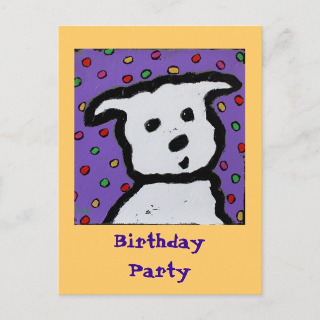 invitación de cumpleaños de perro blanco en puntos (Anverso)