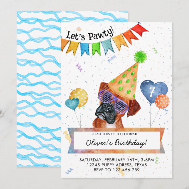 Invitación de cumpleaños de perro Boxer Lets Pawty (Anverso / Reverso)