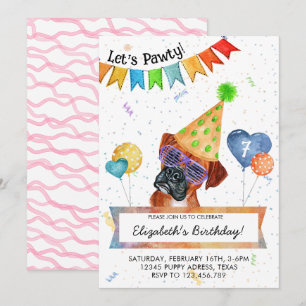 Invitación de cumpleaños de perro Boxer Lets Pawty