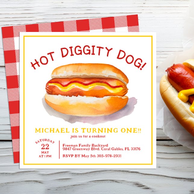 Invitación de cumpleaños de perro caliente acuarel (Hot Dog Cookout Birthday Party Invitation)