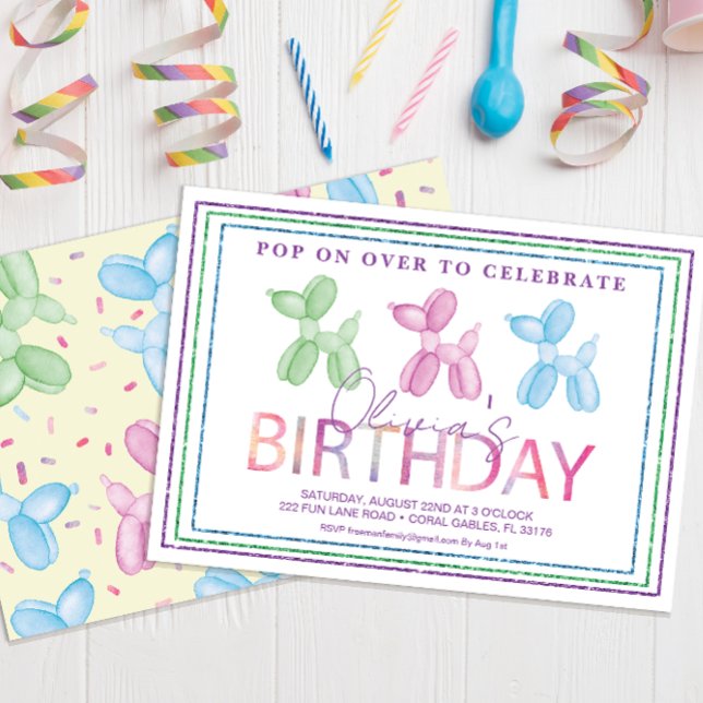 Invitación de cumpleaños de perro con globo (pastel modern typography birthday party invitation)