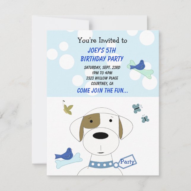 Invitación de cumpleaños de perro de dibujos anima (Anverso)