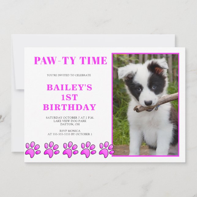Invitación de cumpleaños de perro de trino rosado (Anverso)