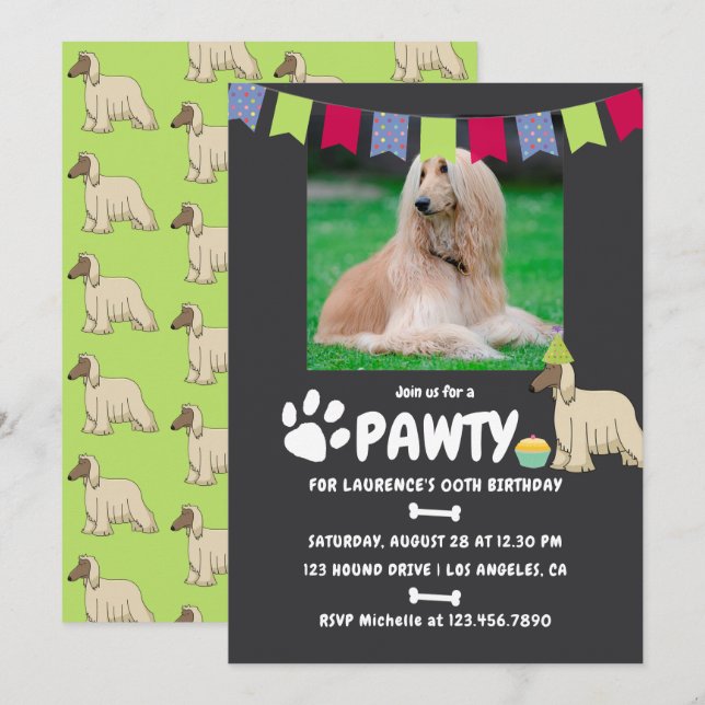 invitación de cumpleaños de perro galgo afgano (Anverso / Reverso)