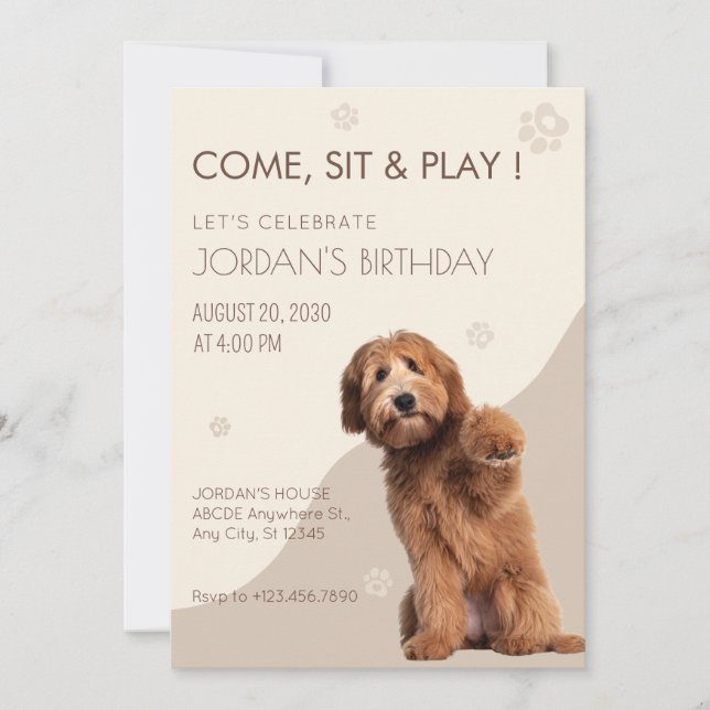 Invitación de cumpleaños de perro juguetón Beige (Anverso)