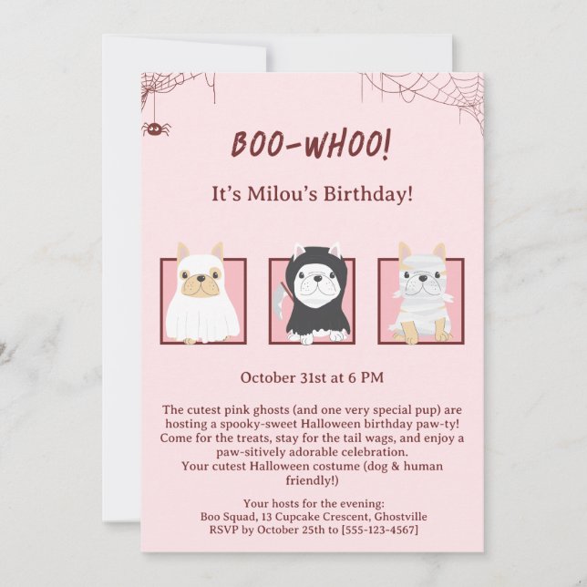 Invitación de cumpleaños de perro Kawaii Halloween (Anverso)