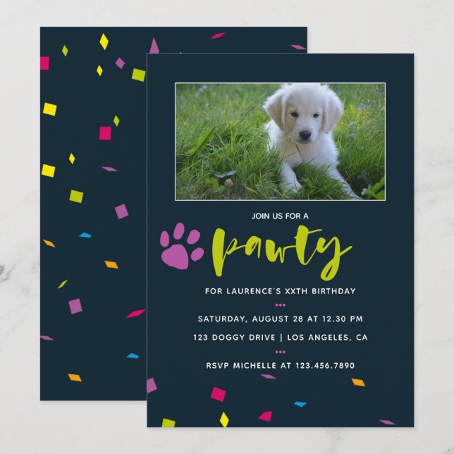 Invitación de cumpleaños de perro o cachorro con c (Anverso / Reverso)