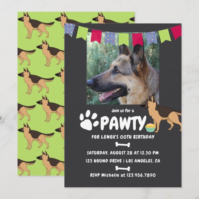 invitación de cumpleaños de perro pastor alemán (Anverso / Reverso)