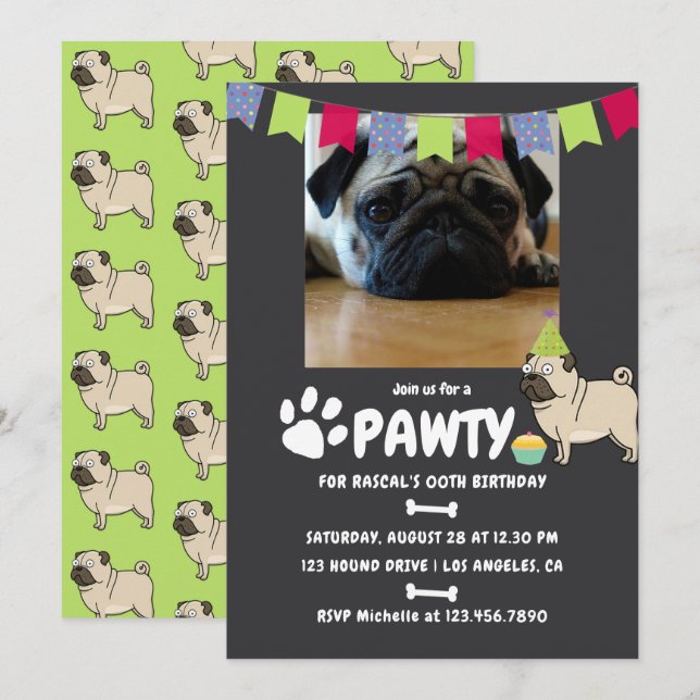 invitación de cumpleaños de perro Pug (Anverso / Reverso)
