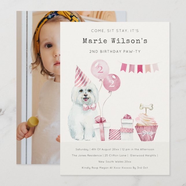 Invitación de cumpleaños de perro rosa lindo para  (Anverso / Reverso)