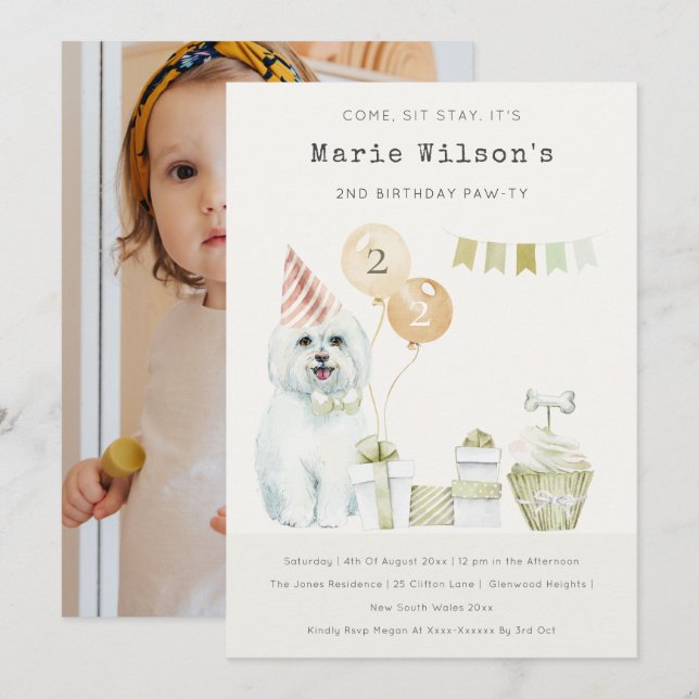 Invitación de cumpleaños de perro verde para cualq (Anverso / Reverso)