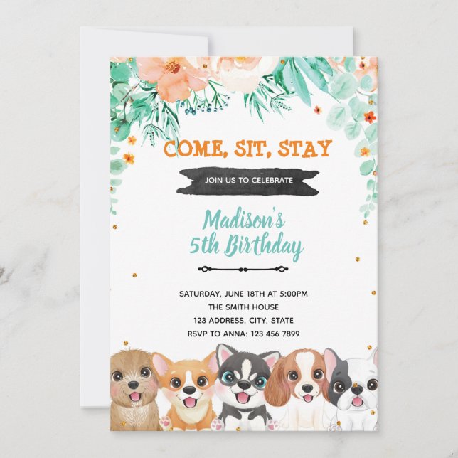 Invitación de cumpleaños de perros florales (Anverso)