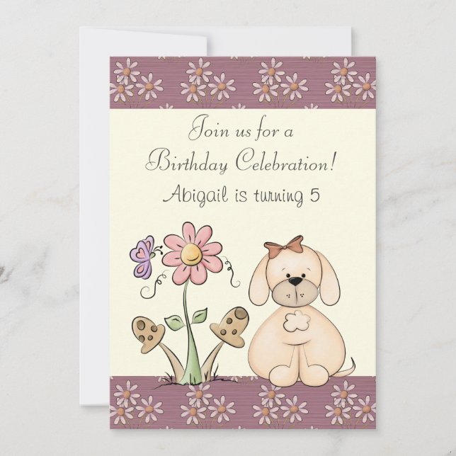 Invitación de cumpleaños de perros y flores para C (Anverso)