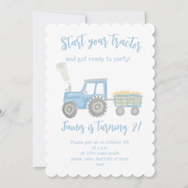 Invitación de cumpleaños de personalizable Tractor (Anverso)