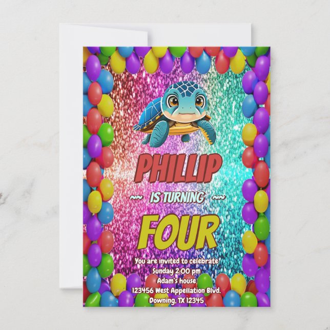 Invitación de cumpleaños de personalizado de tortu (Anverso)