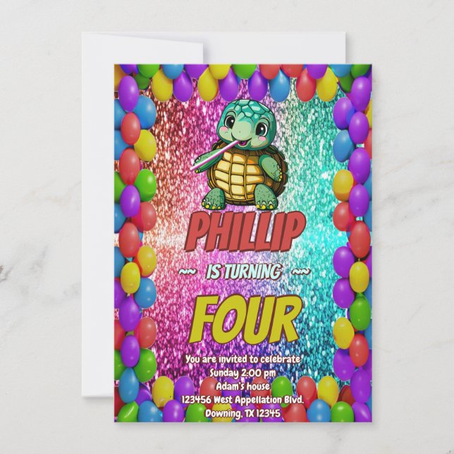 Invitación de cumpleaños de personalizado de tortu (Anverso)