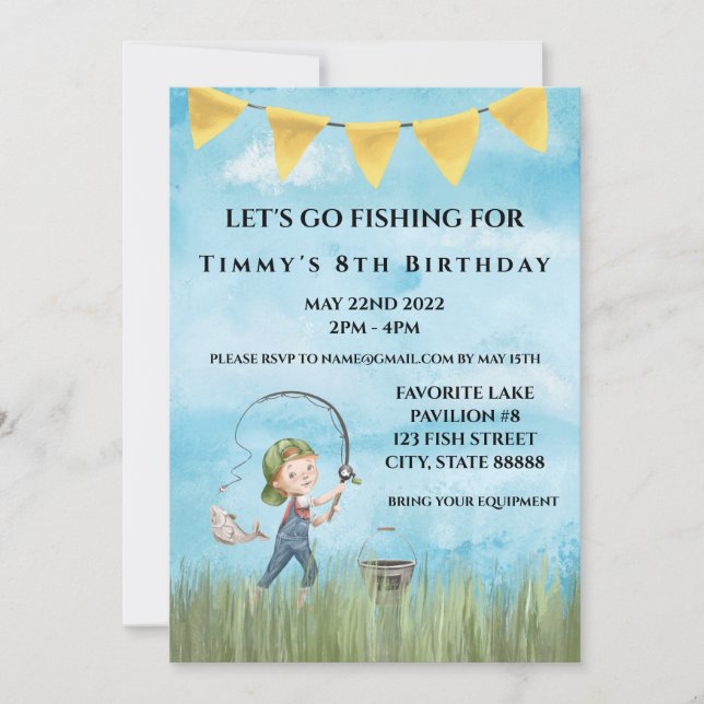 Invitación de cumpleaños de pesca (Anverso)