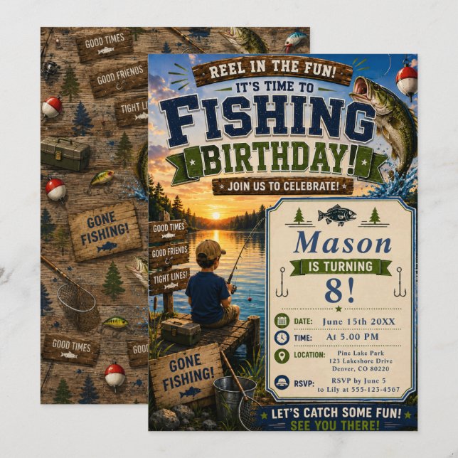 Invitación de cumpleaños de pesca (Anverso / Reverso)