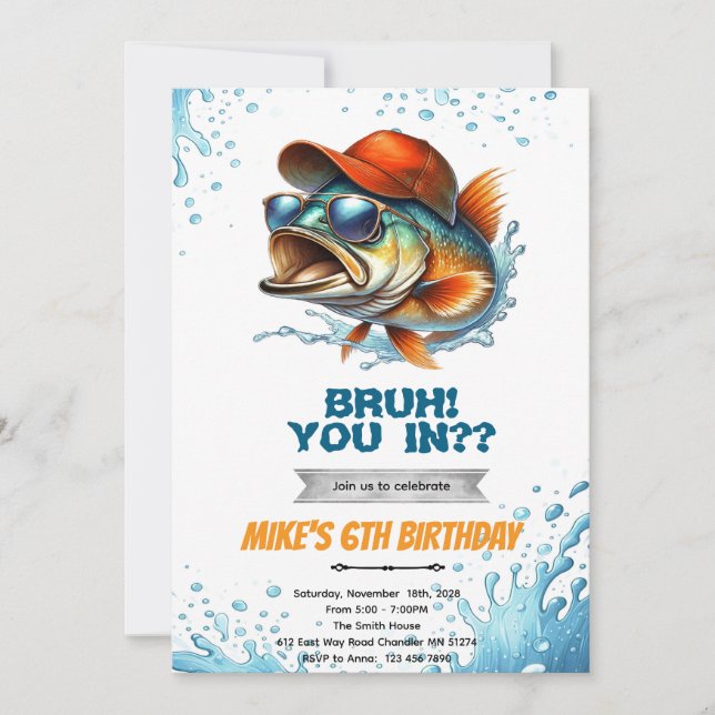 Invitación de cumpleaños de pesca de lubina Bruh (Anverso)