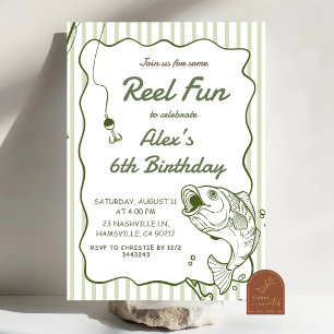 Invitación de cumpleaños de pesca dibujada a mano