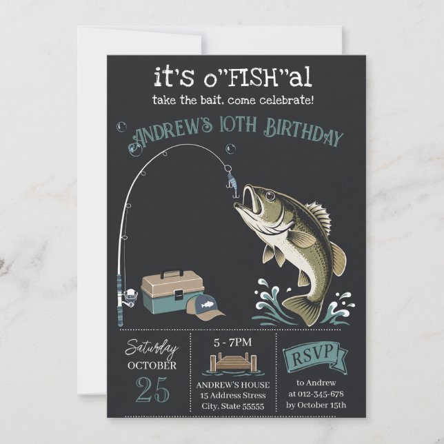 Invitación de cumpleaños de pesca moderna personal (Anverso)