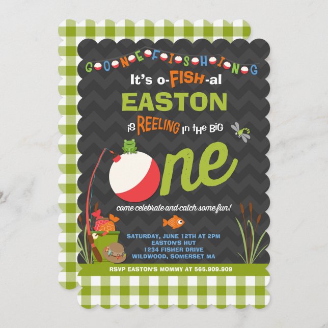 Invitación de cumpleaños de pesca O-Fish-Ally Un F (Anverso / Reverso)