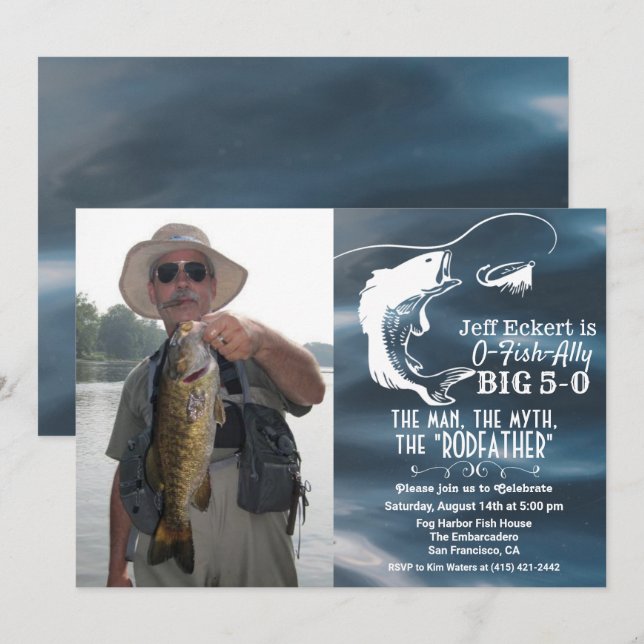 Invitación de cumpleaños de pesca para cualquier e (Anverso / Reverso)