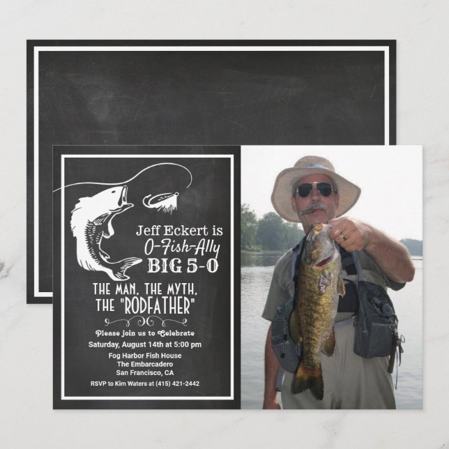 Invitación de cumpleaños de pesca para cualquier e (Anverso / Reverso)