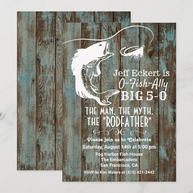 Invitación de cumpleaños de pesca para cualquier e (Anverso / Reverso)