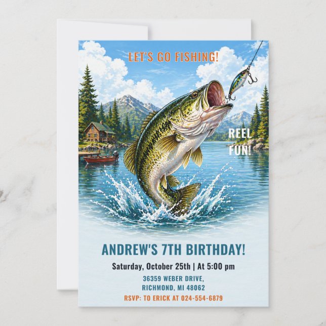 Invitación de cumpleaños de pesca personalizada (Anverso)