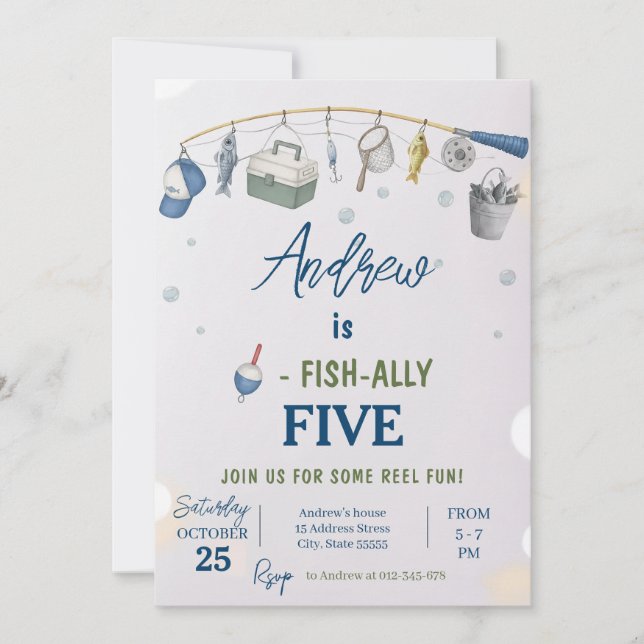 Invitación de cumpleaños de pesca personalizada O- (Anverso)