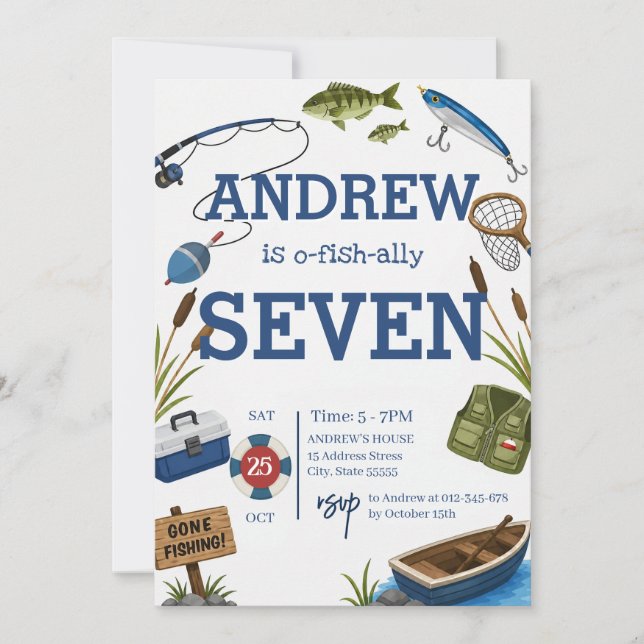 Invitación de cumpleaños de pesca personalizada O- (Anverso)