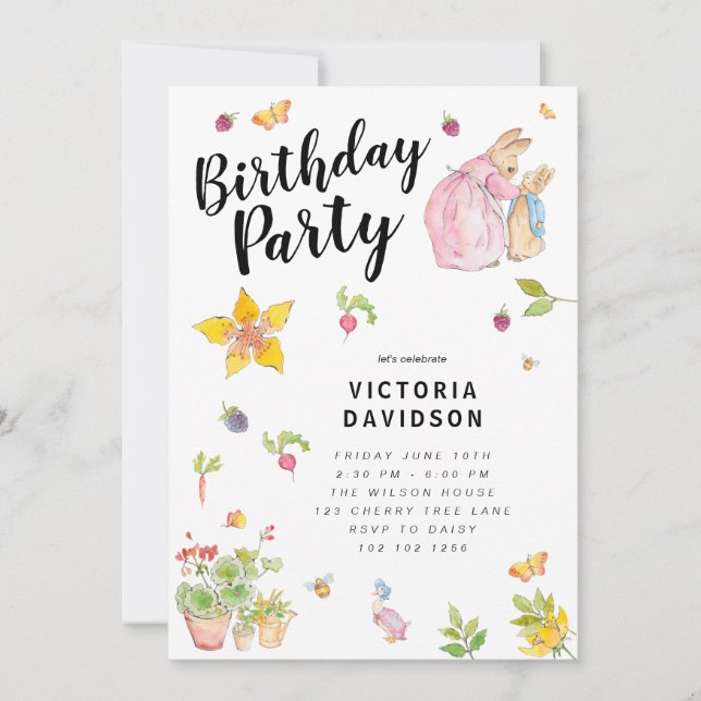 Invitación de Cumpleaños de Peter Rabbit Rosa Libr (Anverso)