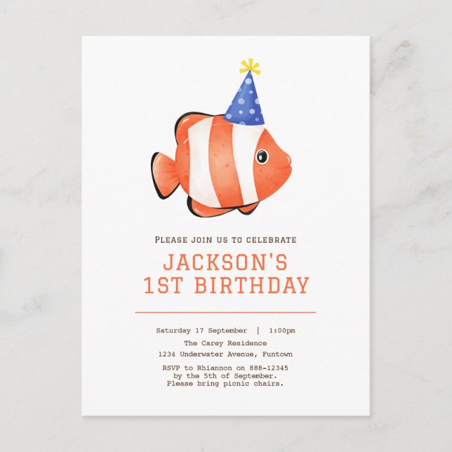 invitación de cumpleaños de pez payaso bajo el mar (Anverso)