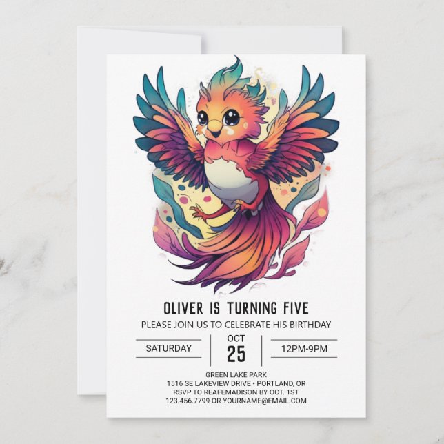 Invitación de cumpleaños de Phoenix Firebird Cute (Anverso)