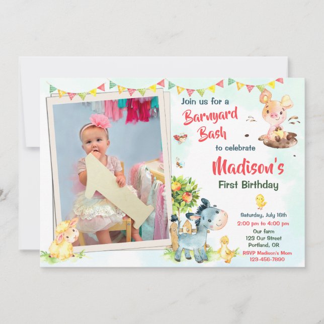 Invitación de cumpleaños de Photo Farm Animación d (Anverso)