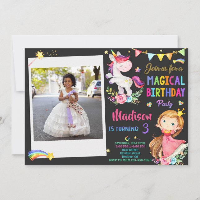 Invitación de cumpleaños de Photo Unicorn y Prince (Anverso)