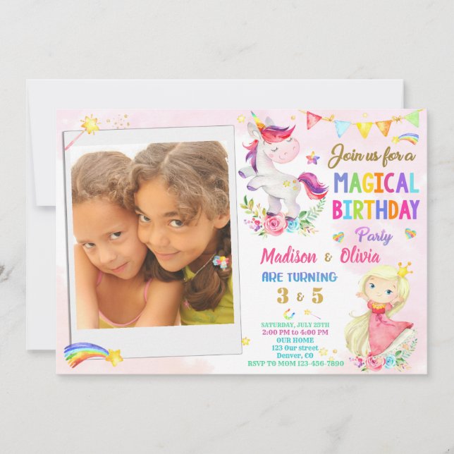 Invitación de cumpleaños de Photo Unicorn y Prince (Anverso)