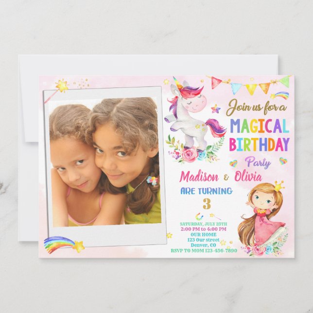 Invitación de cumpleaños de Photo Unicorn y Prince (Anverso)