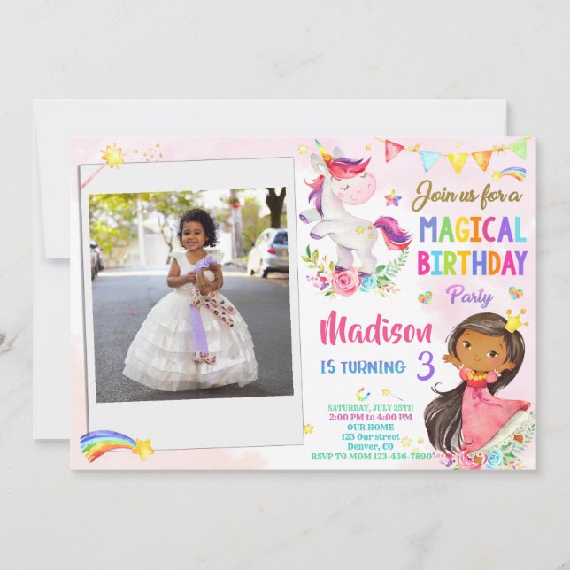 Invitación de cumpleaños de Photo Unicorn y Prince (Anverso)