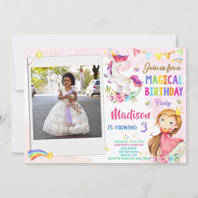 Invitación de cumpleaños de Photo Unicorn y Prince (Anverso)