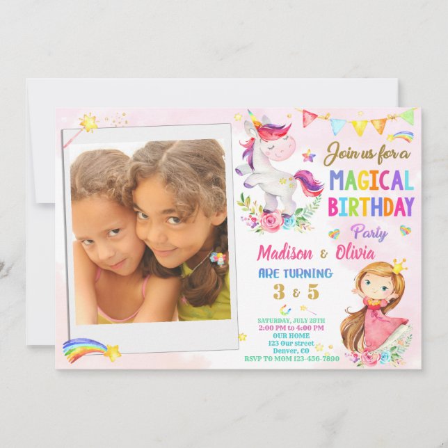 Invitación de cumpleaños de Photo Unicorn y Prince (Anverso)