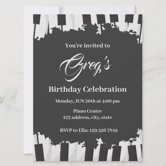 invitación de cumpleaños de piano (Anverso)