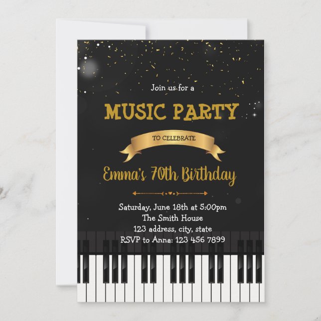 Invitación de cumpleaños de piano fiesta de música (Anverso)