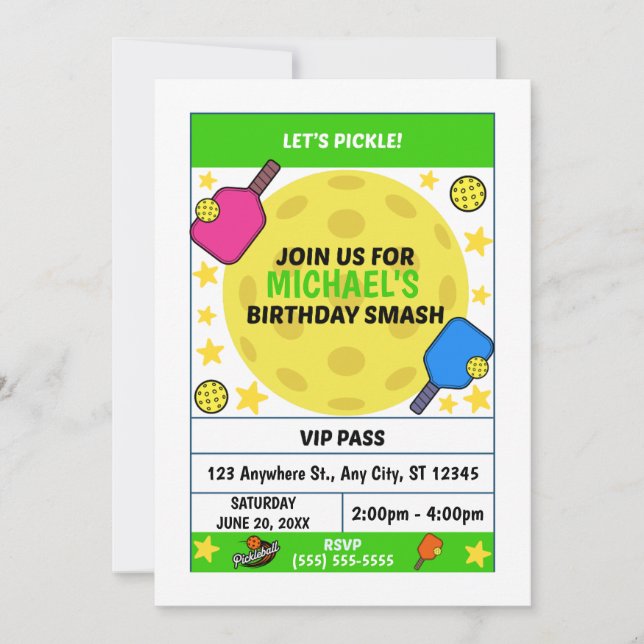 Invitación de cumpleaños de Pickleball (Anverso)