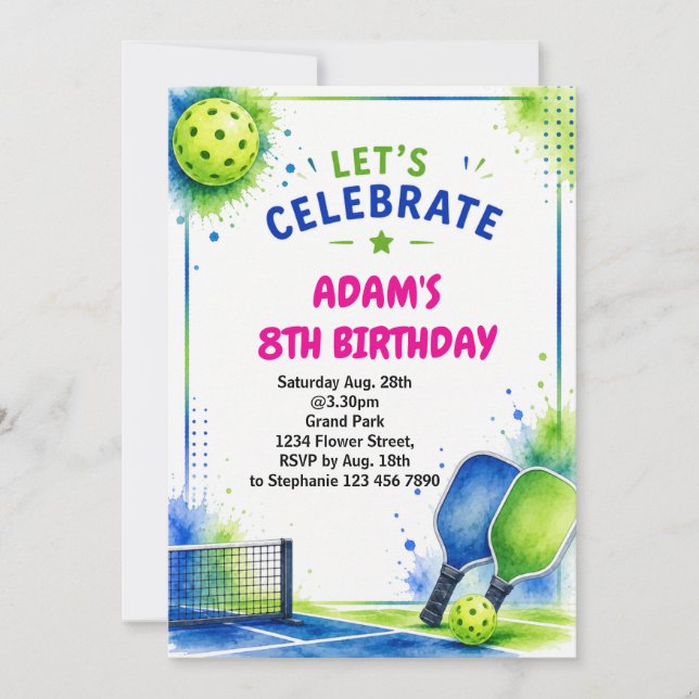 Invitación de cumpleaños de Pickleball Acuarela (Anverso)